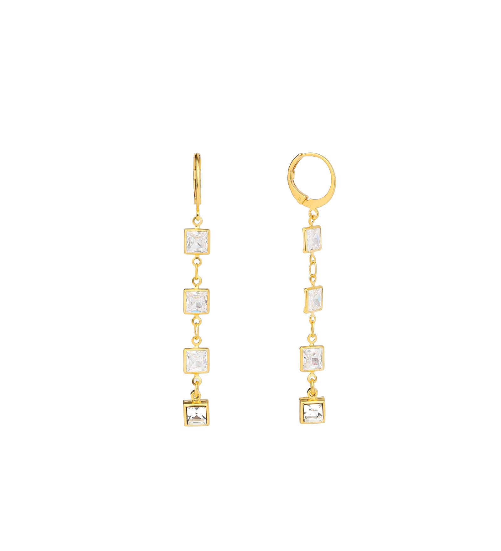 4 Square Crystal Drop Hooks 14k Gold Plated, White Crystal