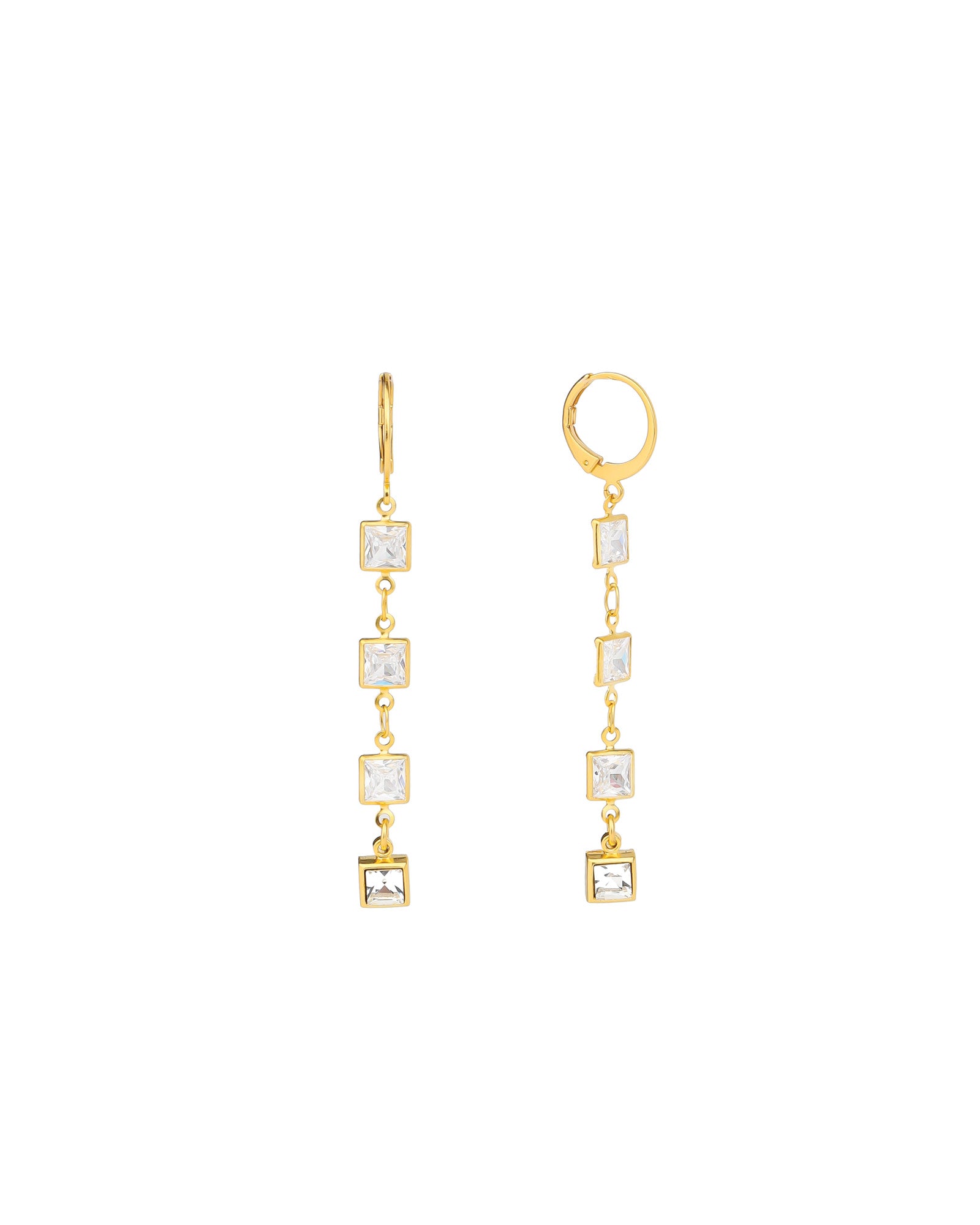 4 Square Crystal Drop Hooks 14k Gold Plated, White Crystal