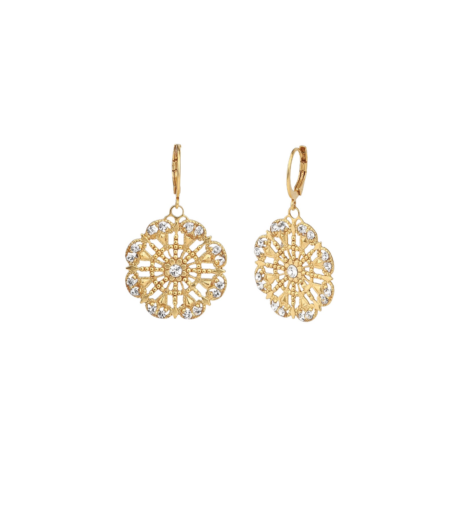 Small Filigree Flower Hooks 14k Gold Plated, White Crystal