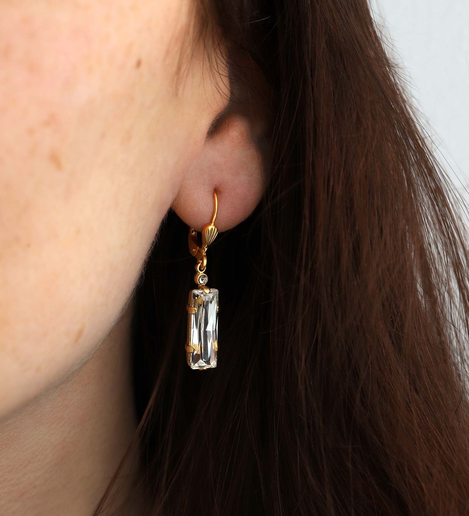 La Vie Parisienne-Baguette Hooks-Earrings-14k Gold Plated, Shade Crystal-Blue Ruby Jewellery-Vancouver Canada