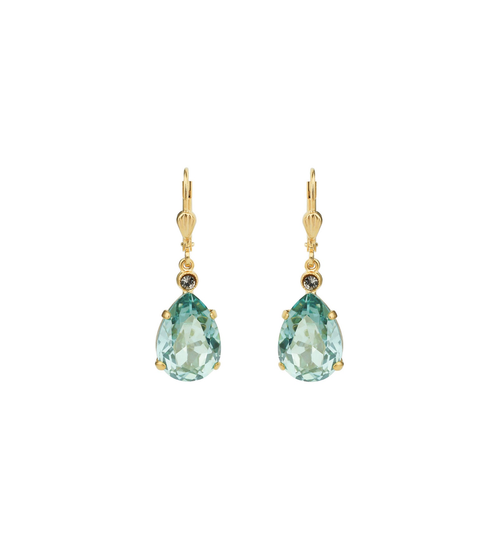 La Vie Parisienne-Teardrop Crystal Hooks-Earrings-14k Gold Plated, Fountain Crystal-Blue Ruby Jewellery-Vancouver Canada