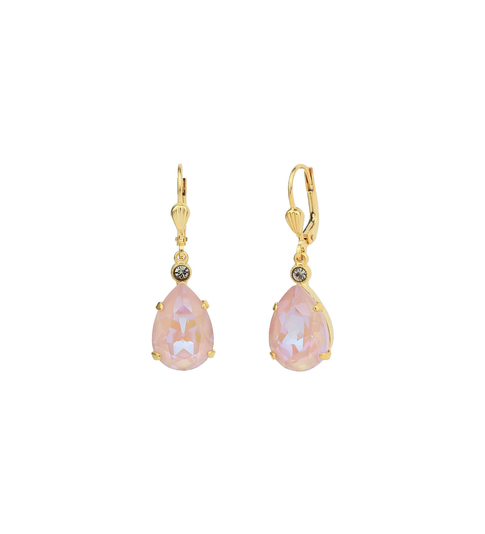 La Vie Parisienne-Teardrop Crystal Hooks-Earrings-14k Gold Plated, Dusty Pink Crystal-Blue Ruby Jewellery-Vancouver Canada