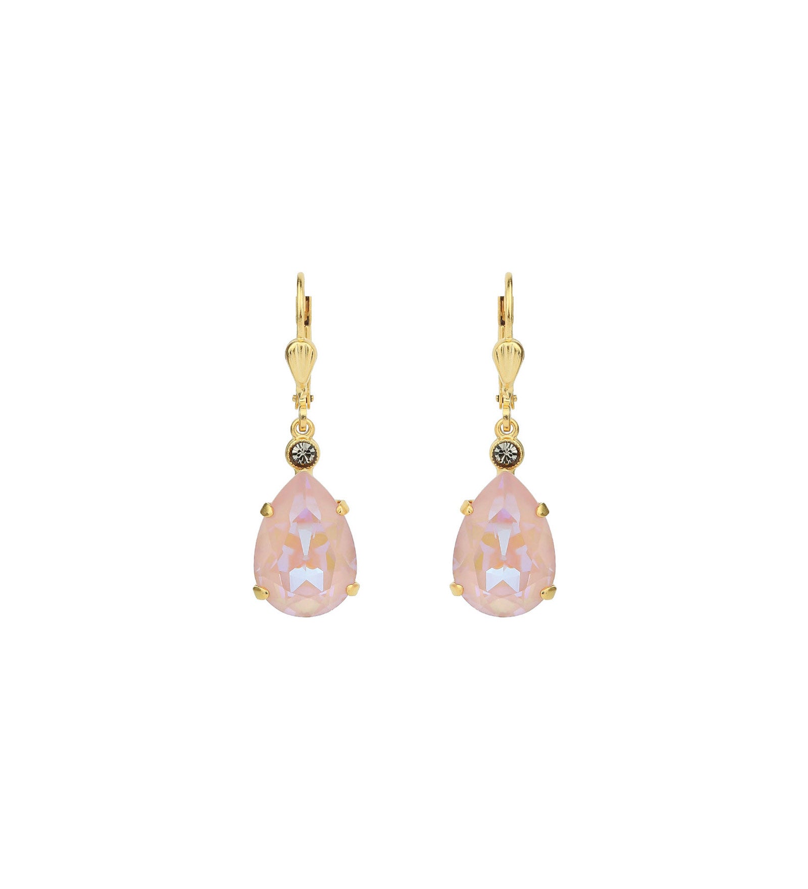 La Vie Parisienne-Teardrop Crystal Hooks-Earrings-14k Gold Plated, Dusty Pink Crystal-Blue Ruby Jewellery-Vancouver Canada