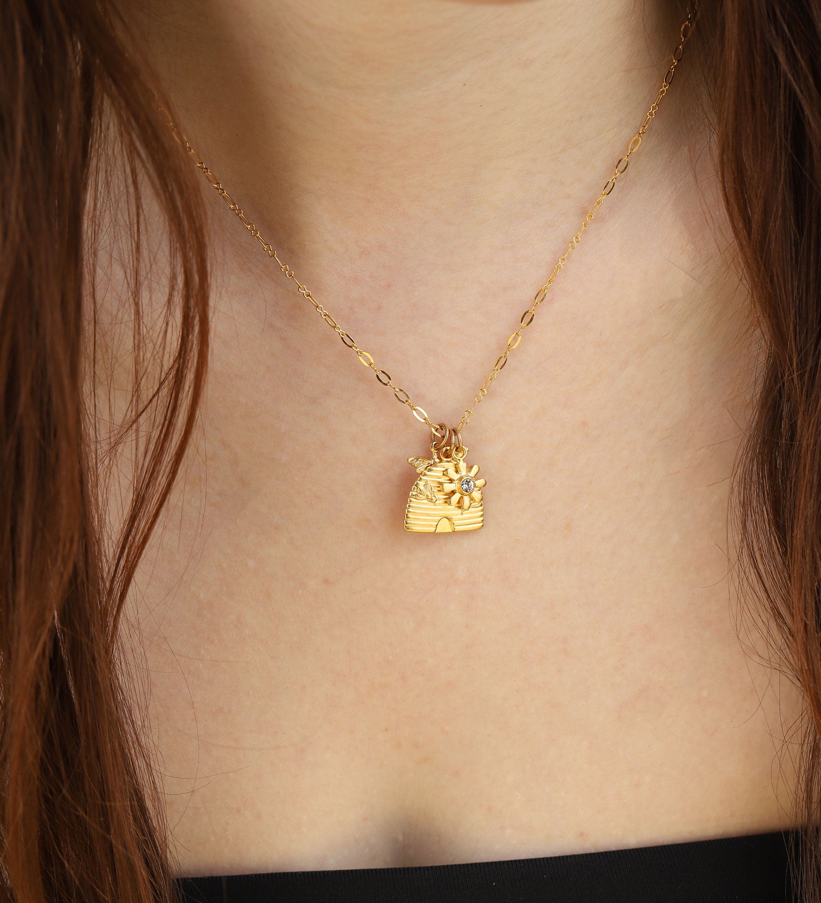 La Vie Parisienne-Beehive Charm Necklace-Necklaces-14k Gold Plated, White Crystal-Blue Ruby Jewellery-Vancouver Canada