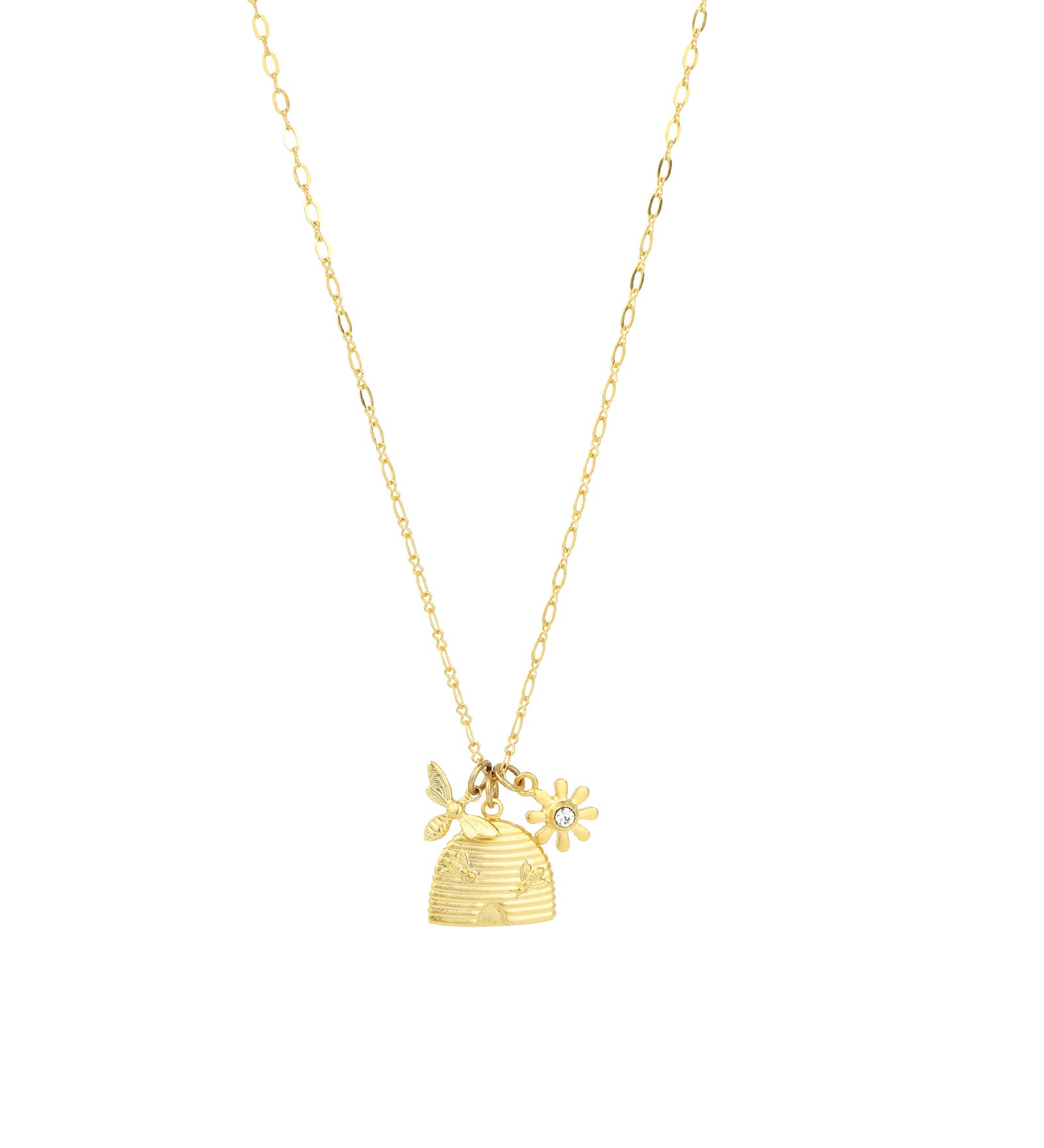 Honeycomb Charm Necklace 14k Gold Plated, White Crystal