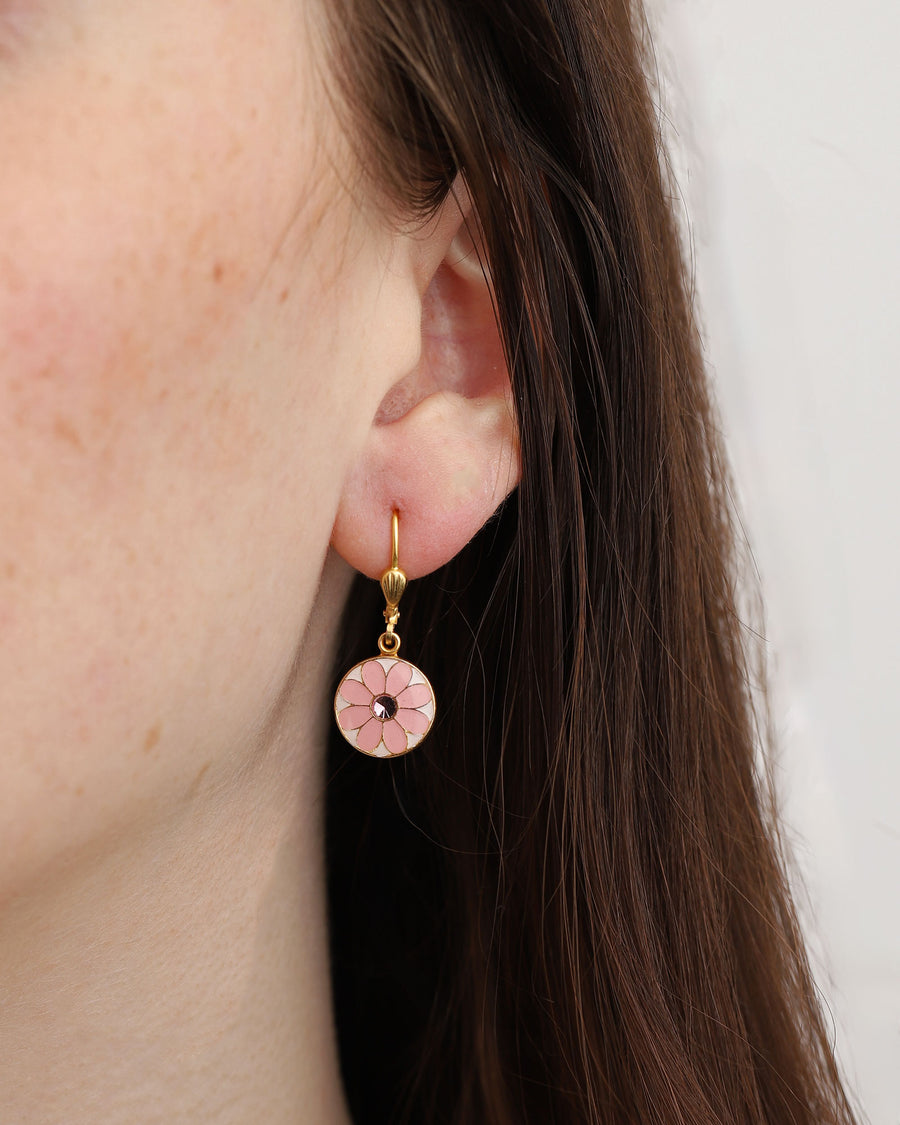 La Vie Parisienne-Flower Enamel Disc Hooks-Earrings-14k Gold Plated, Pink Enamel-Blue Ruby Jewellery-Vancouver Canada