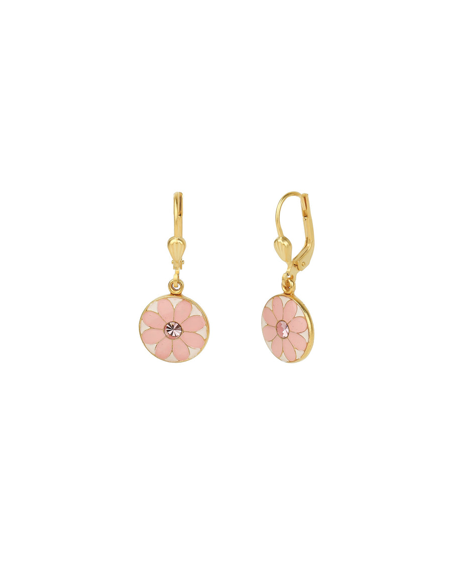 La Vie Parisienne-Flower Enamel Disc Hooks-Earrings-14k Gold Plated, Pink Enamel-Blue Ruby Jewellery-Vancouver Canada