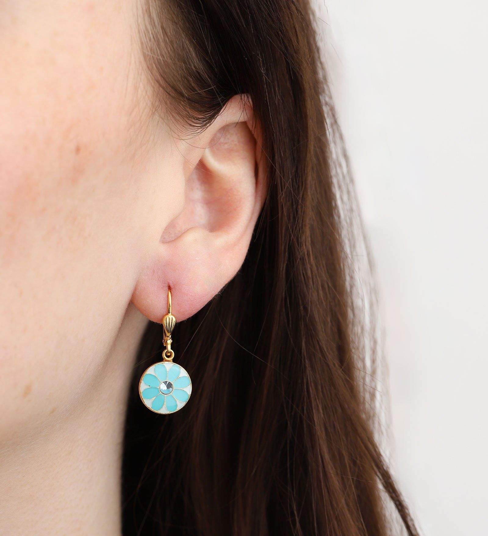 La Vie Parisienne-Flower Enamel Disc Hooks-Earrings-14k Gold Plated, Sky Enamel-Blue Ruby Jewellery-Vancouver Canada