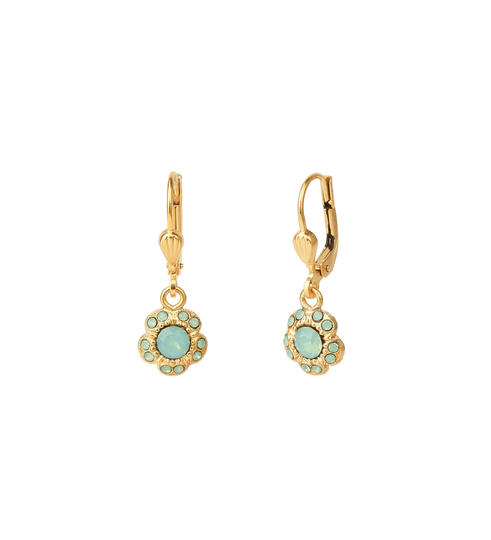 La Vie Parisienne-Tiny Flower Halo Crystal Hooks-Earrings-14k Gold Plated, Pacific Opal Crystal-Blue Ruby Jewellery-Vancouver Canada