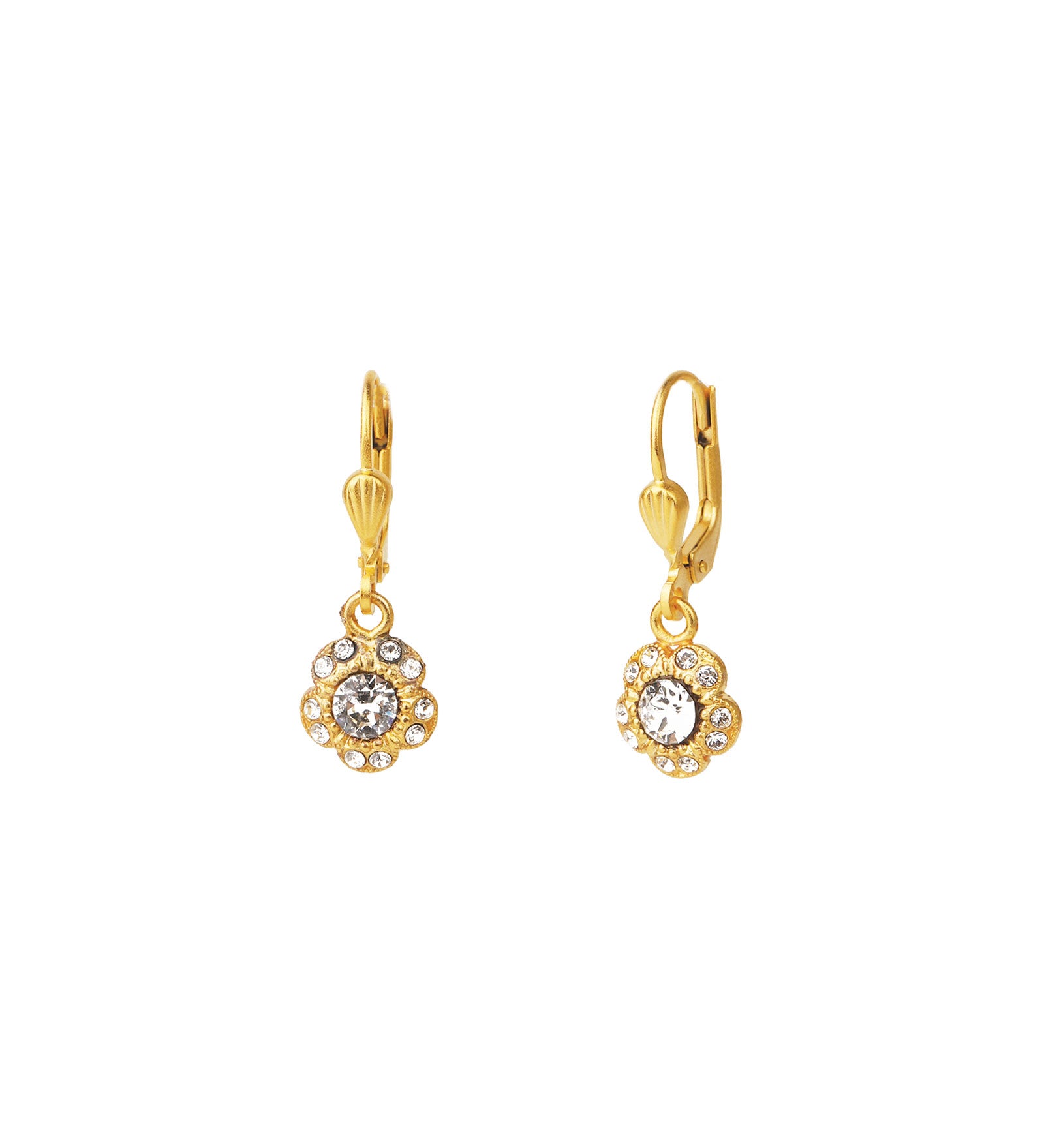 La Vie Parisienne-Tiny Flower Halo Crystal Hooks-Earrings-14k Gold Plated, White Crystal-Blue Ruby Jewellery-Vancouver Canada