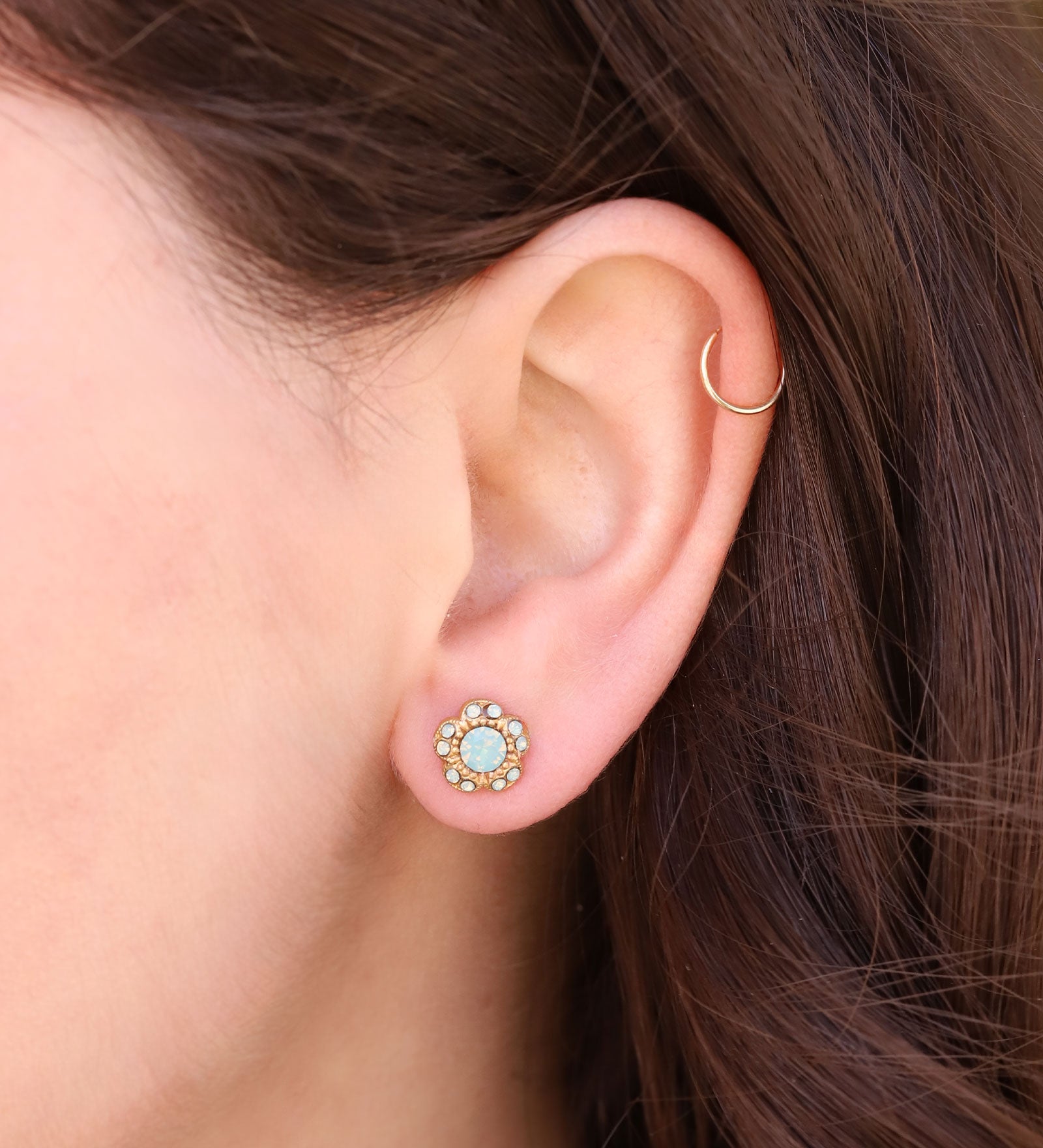 Tiny Flower Halo Crystal Studs 14k Gold Plated, Pacfic Opal Crystal