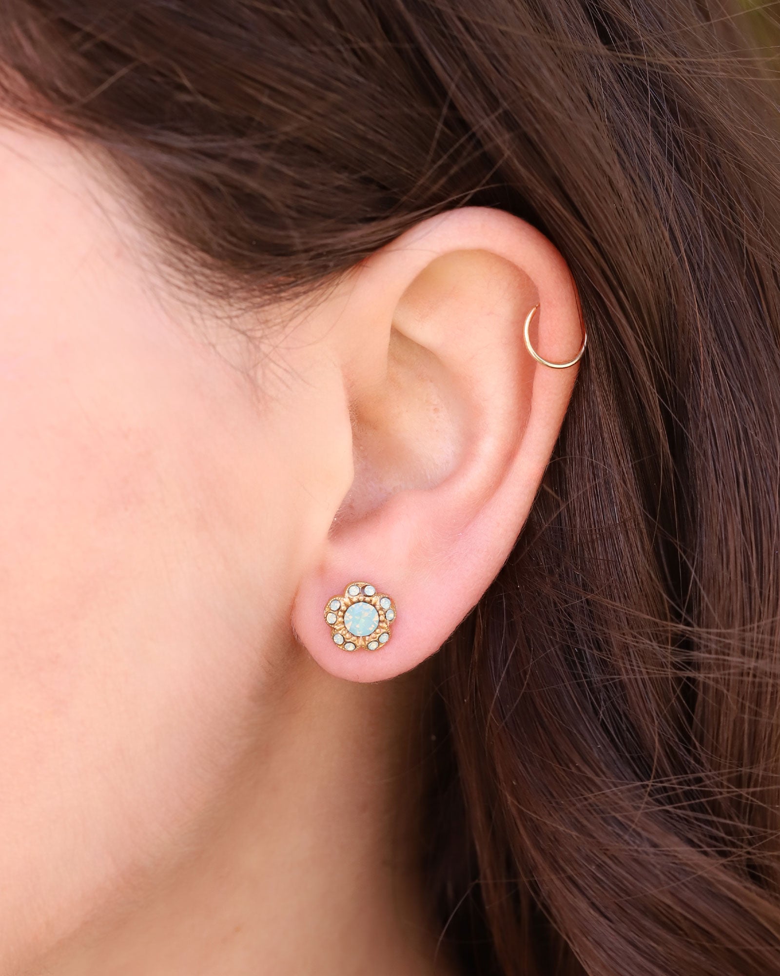 Tiny Flower Halo Crystal Studs 14k Gold Plated, Pacfic Opal Crystal