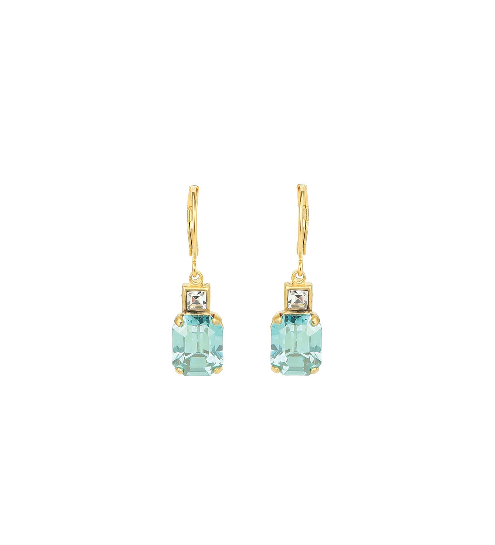 La Vie Parisienne-Rectangle Crystal Hooks-Earrings-14k Gold Plated, Fountain Crystal-Blue Ruby Jewellery-Vancouver Canada