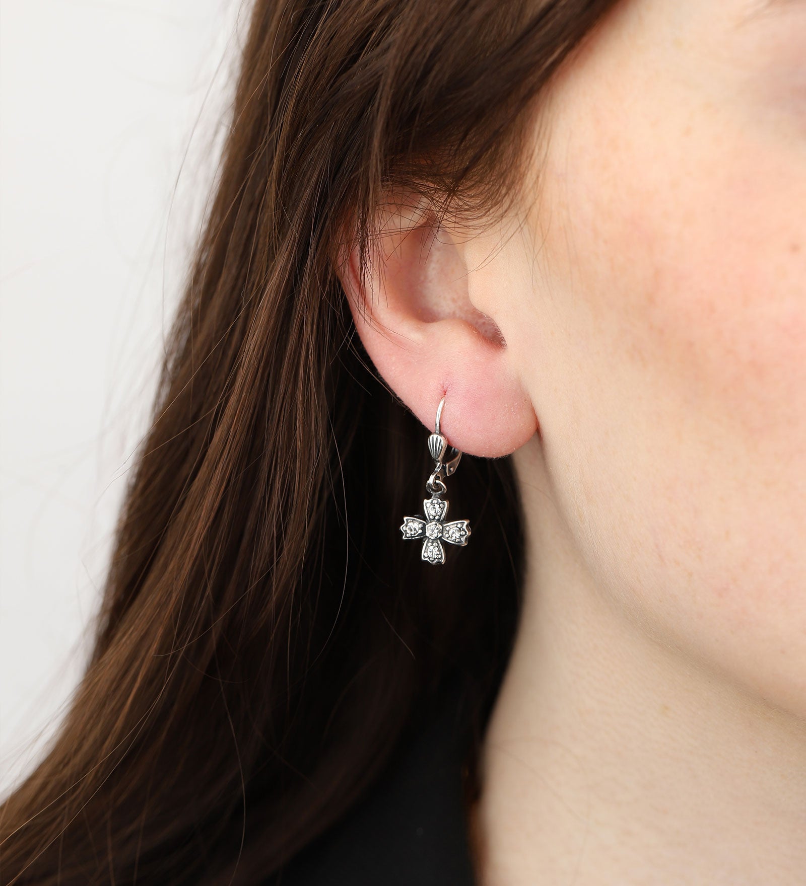 La Vie Parisienne-Crystal Cross Hooks-Earrings-Silver Plated, White Crystal-Blue Ruby Jewellery-Vancouver Canada