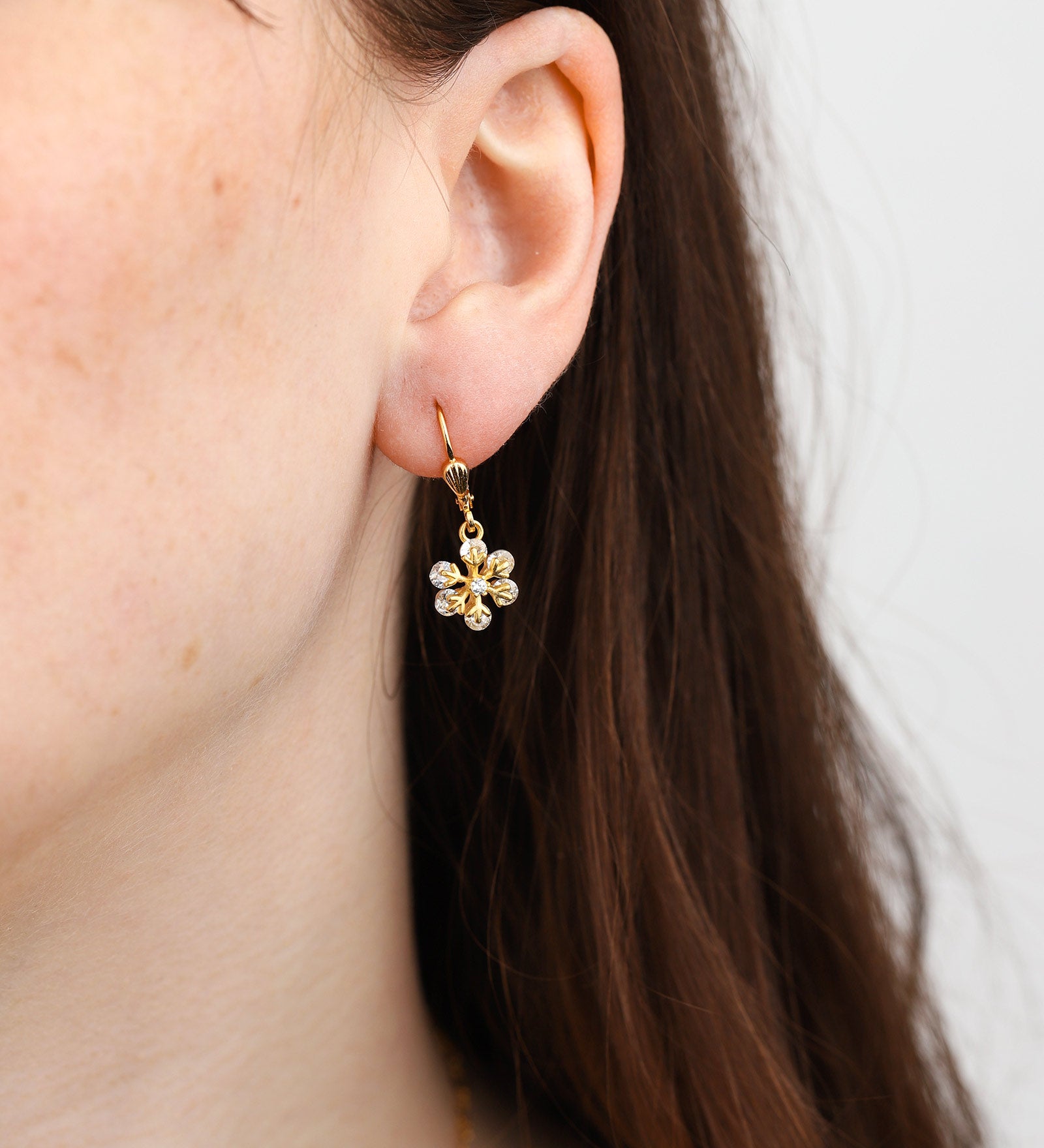 La Vie Parisienne-Snowflake Crystal Hooks-Earrings-14k Gold Plated, White Crystal-Blue Ruby Jewellery-Vancouver Canada