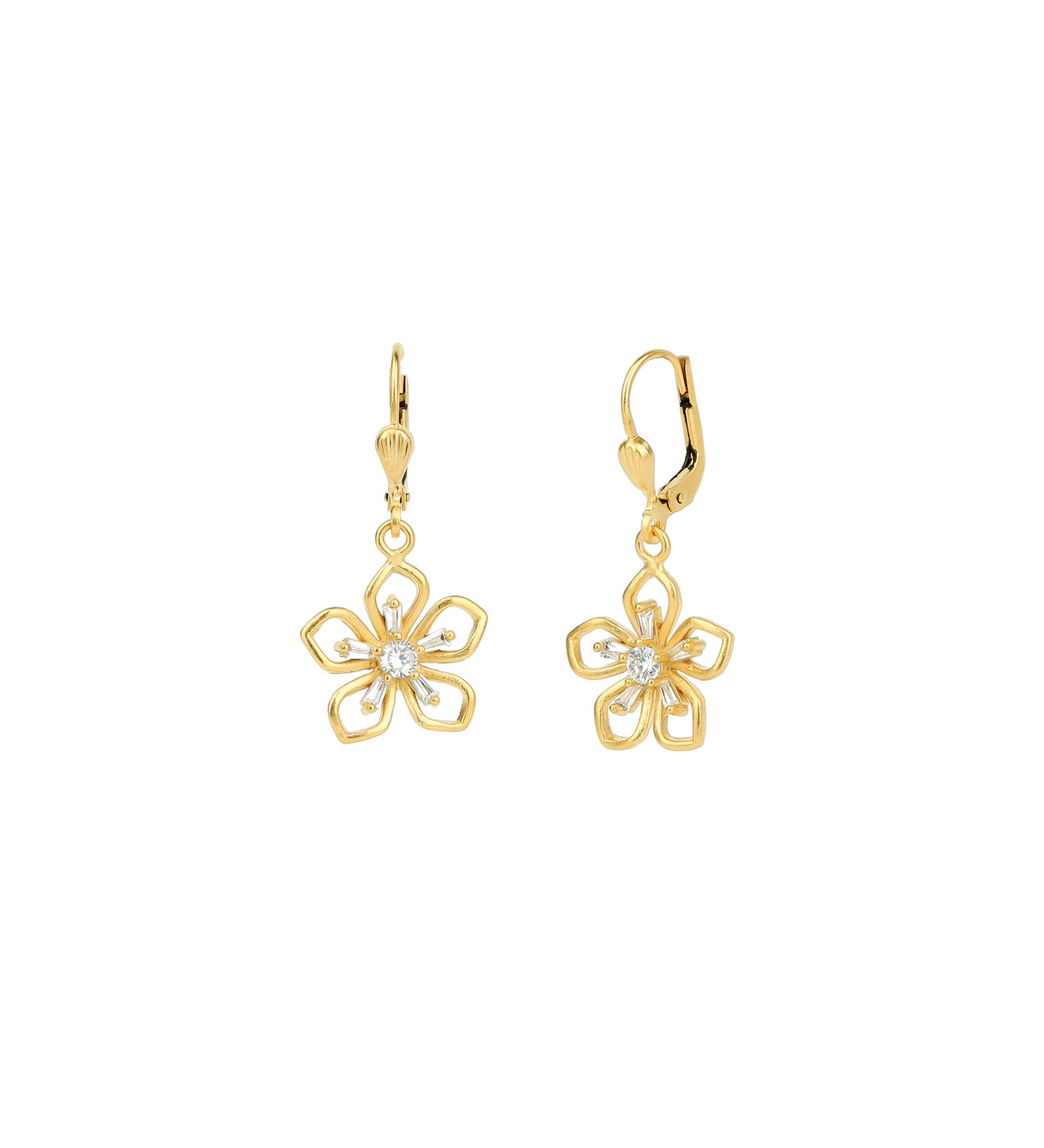 Baguette Open Flower Hooks 14k Gold Plated, White Crystal