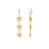 Baguette 3 Open Flower Hooks 14k Gold Plated, White Crystal