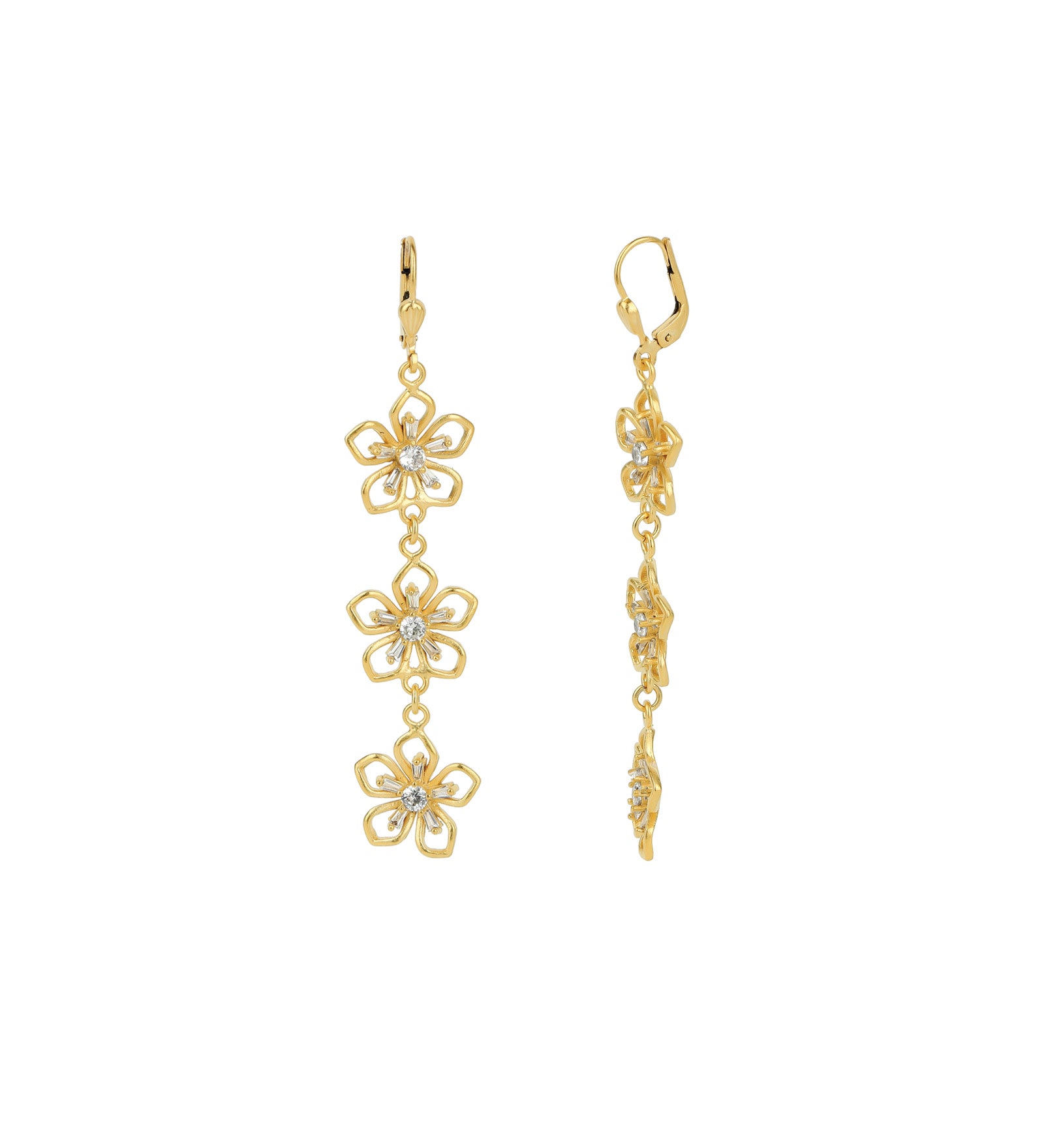 Baguette 3 Open Flower Hooks 14k Gold Plated, White Crystal