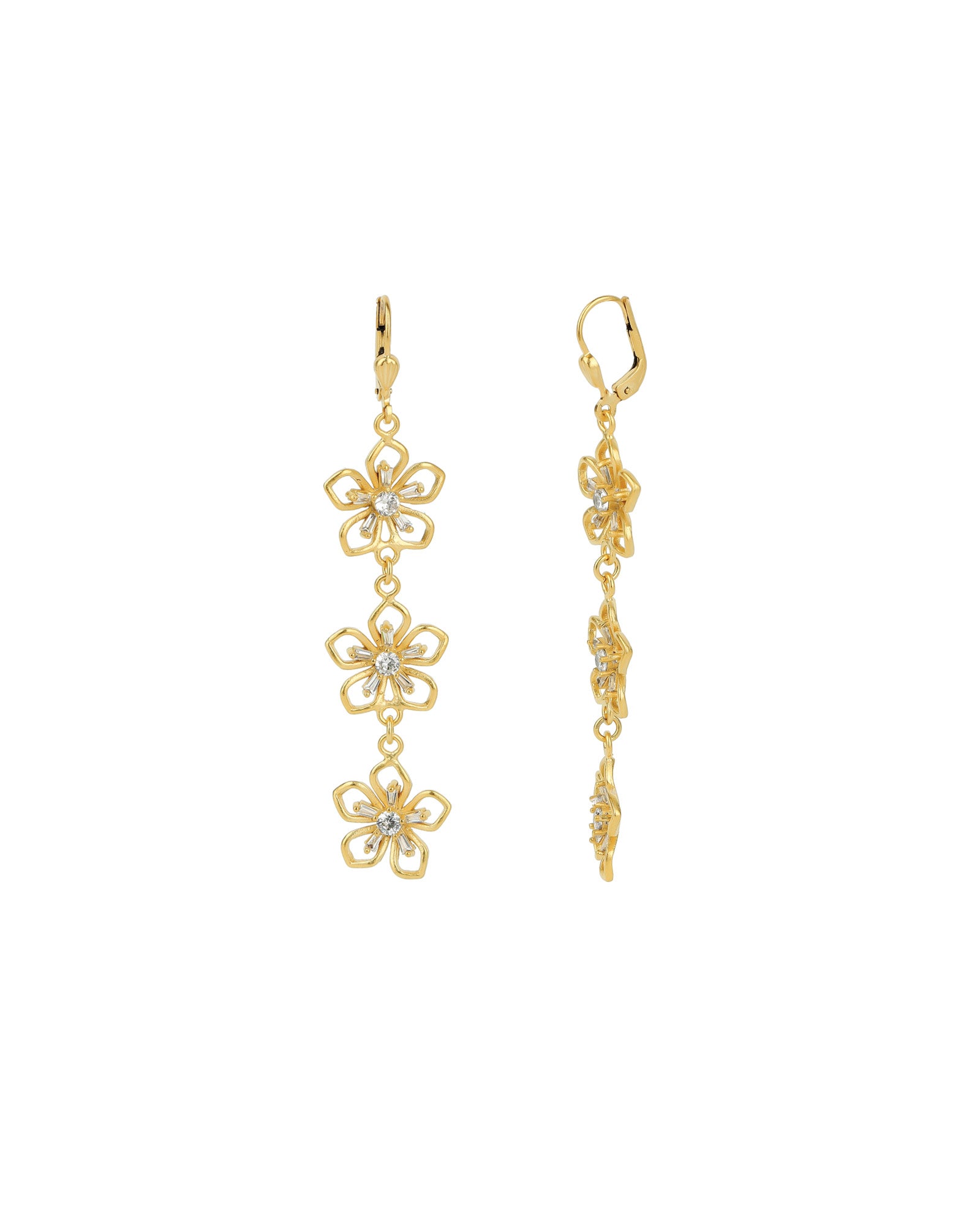 Baguette 3 Open Flower Hooks 14k Gold Plated, White Crystal