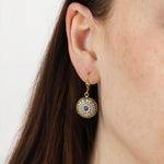 La Vie Parisienne-Small Round Pavé Hooks-Earrings-14k Gold Plated, Olive Combo Crystal-Blue Ruby Jewellery-Vancouver Canada