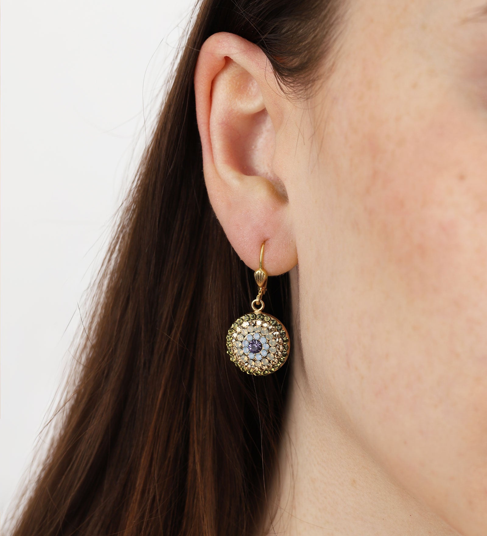 La Vie Parisienne-Small Round Pavé Hooks-Earrings-14k Gold Plated, Olive Combo Crystal-Blue Ruby Jewellery-Vancouver Canada