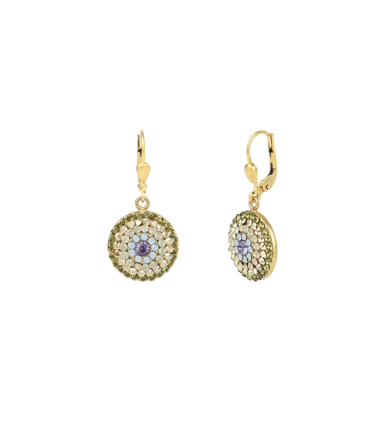 La Vie Parisienne-Small Round Pavé Hooks-Earrings-14k Gold Plated, Olive Combo Crystal-Blue Ruby Jewellery-Vancouver Canada