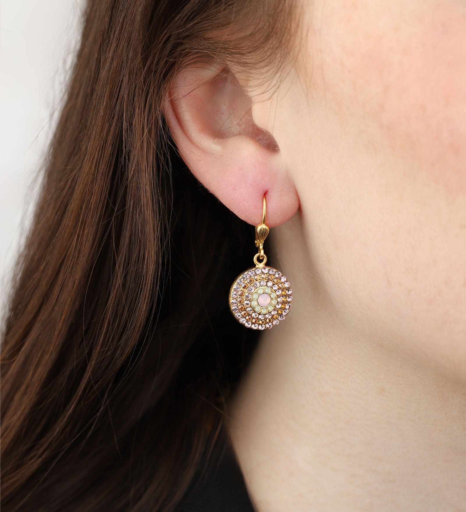 La Vie Parisienne-Small Round Pavé Hooks-Earrings-14k Gold Plated, Pink Combo Crystal-Blue Ruby Jewellery-Vancouver Canada