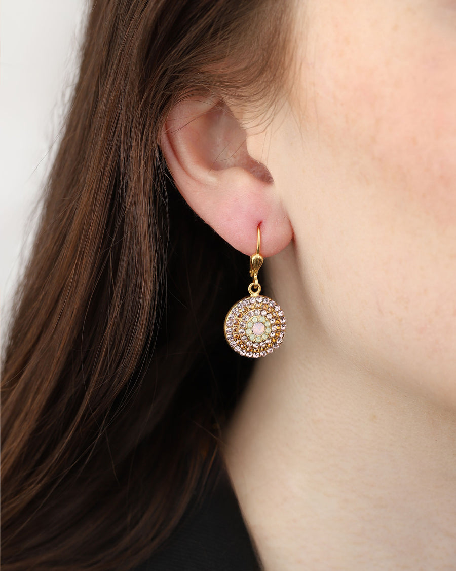 La Vie Parisienne-Small Round Pavé Hooks-Earrings-14k Gold Plated, Pink Combo Crystal-Blue Ruby Jewellery-Vancouver Canada