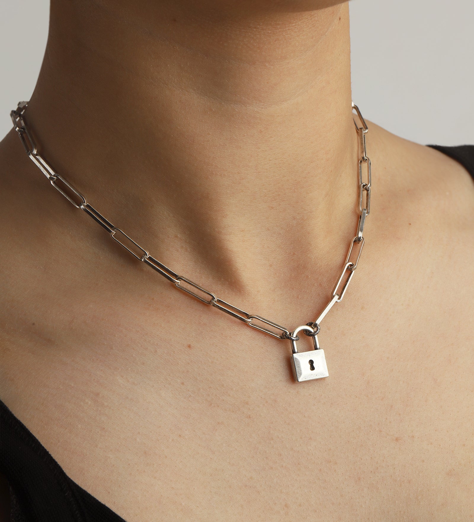 Padlock Paperclip Chain Necklace Silver Plated