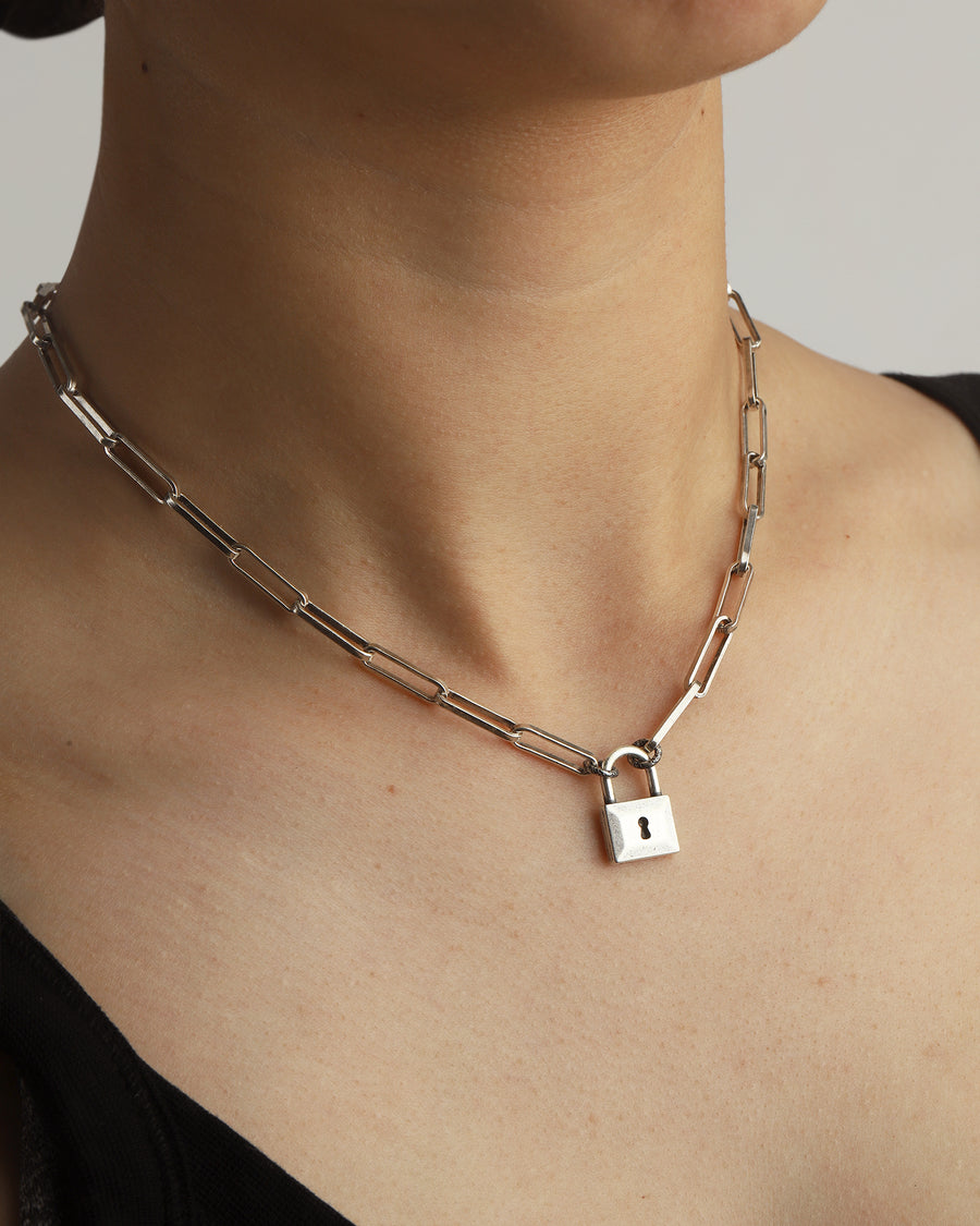 Padlock Paperclip Chain Necklace Silver Plated