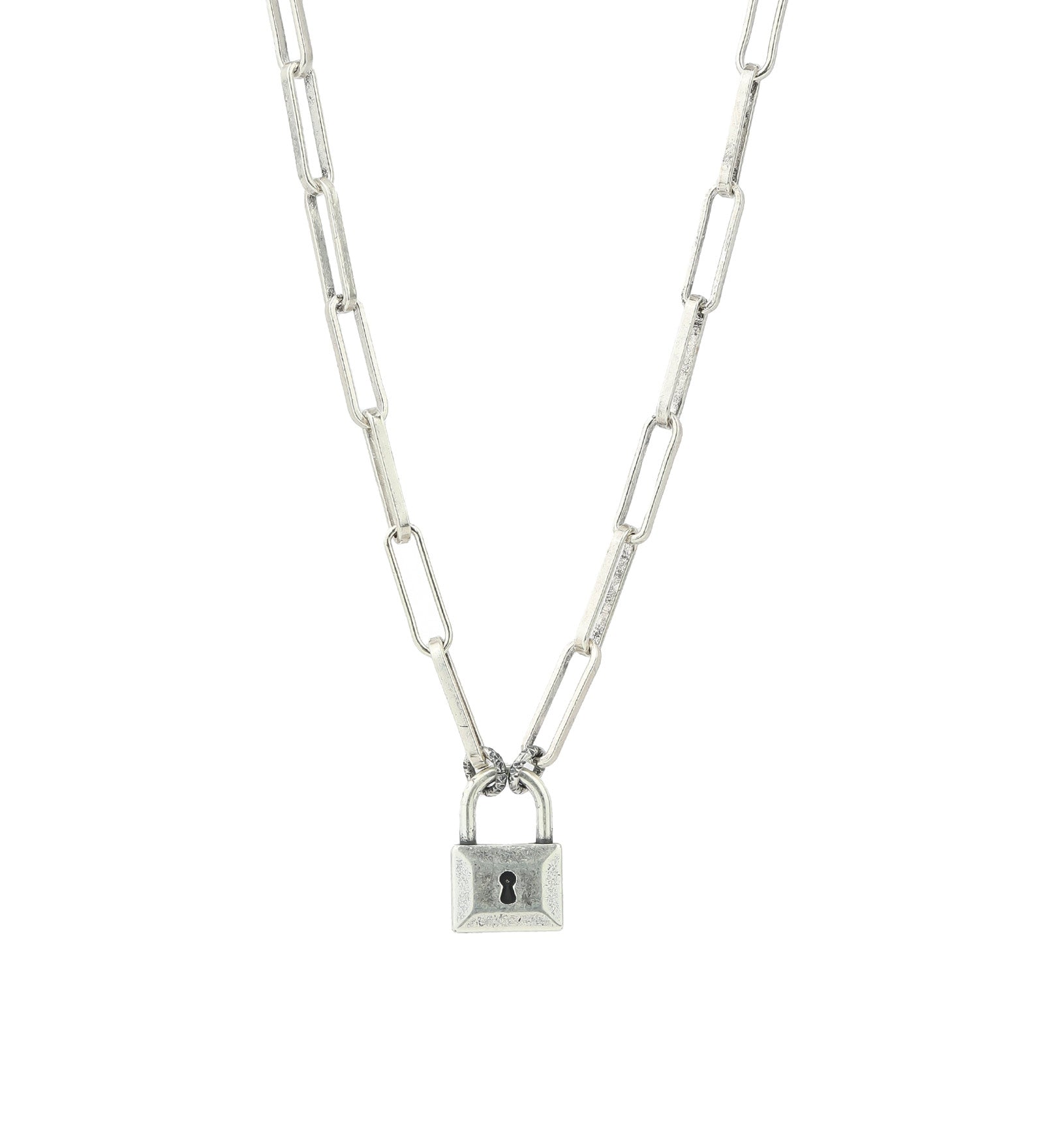 Padlock Paperclip Chain Necklace Silver Plated