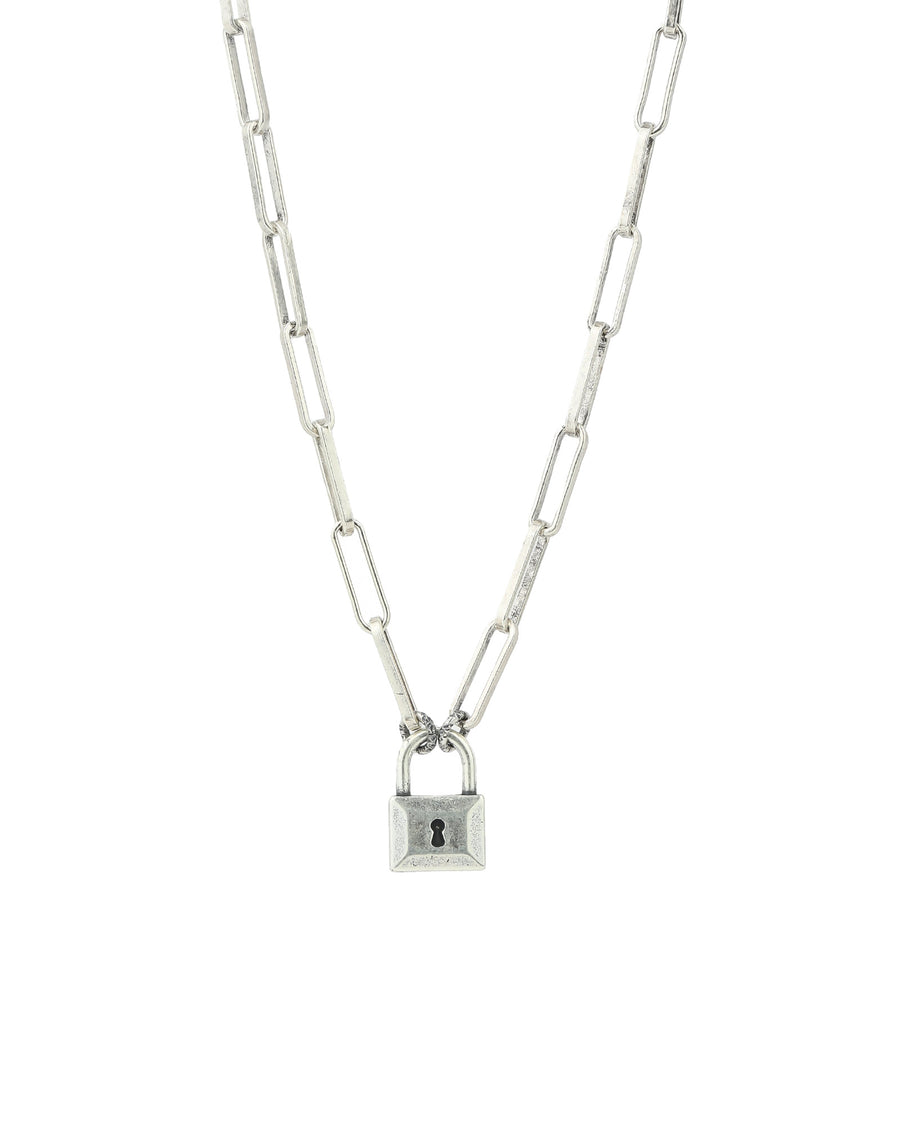 Padlock Paperclip Chain Necklace Silver Plated