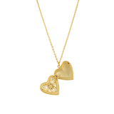 Filigree Heart Locket Necklace 14k Gold Plated, White Crystal