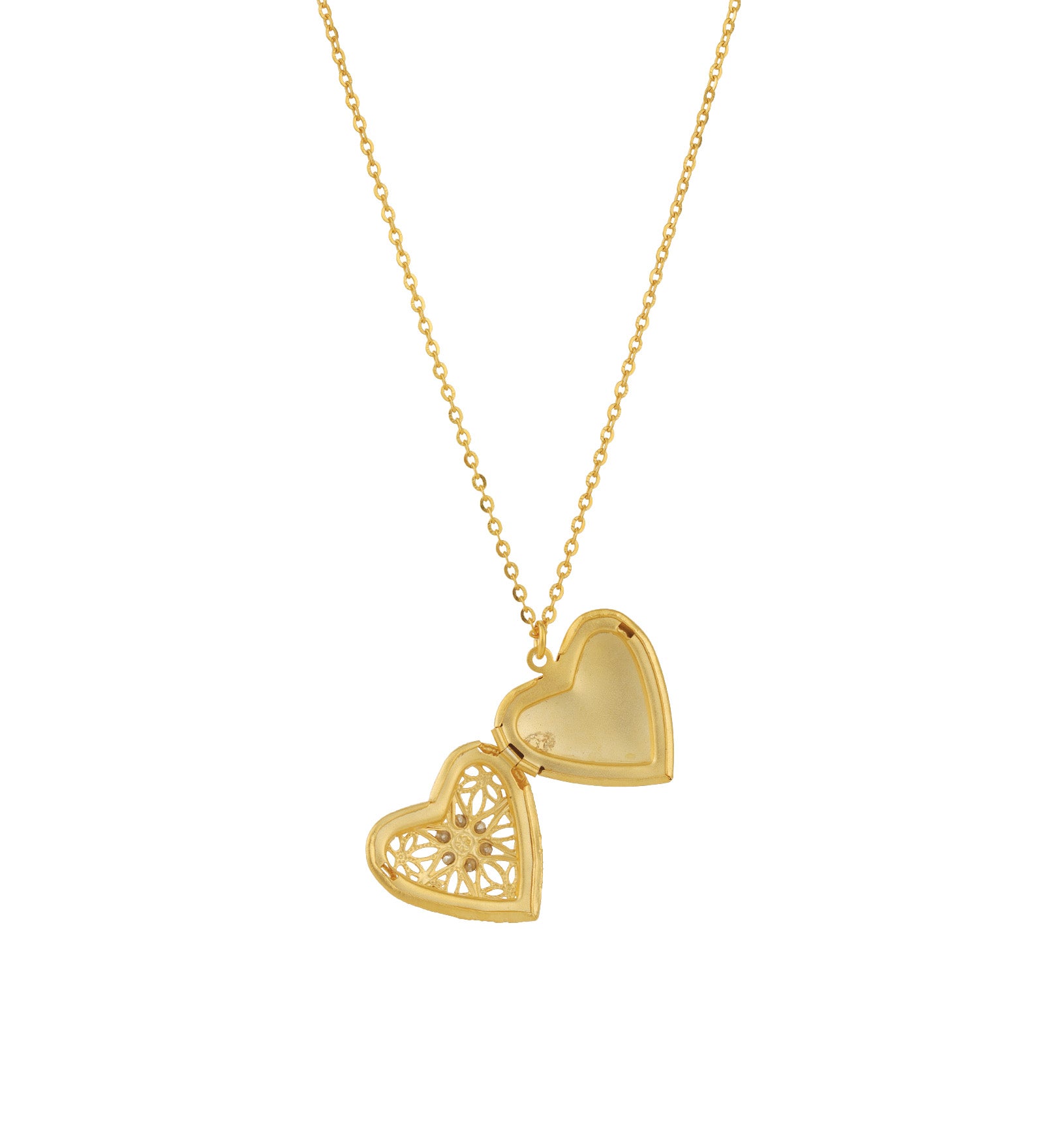 Filigree Heart Locket Necklace 14k Gold Plated, White Crystal