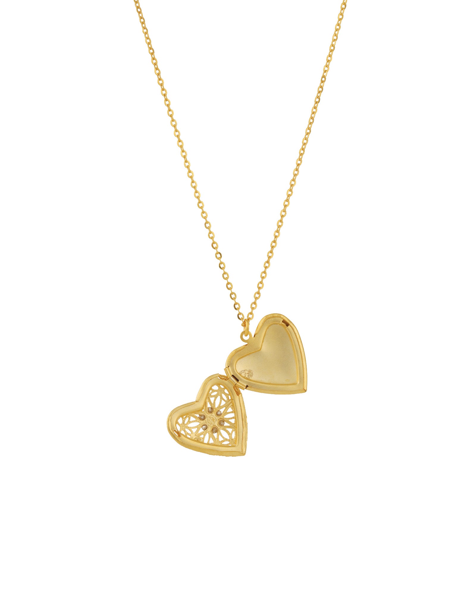 Filigree Heart Locket Necklace 14k Gold Plated, White Crystal