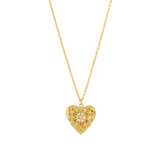 Filigree Heart Locket Necklace 14k Gold Plated, White Crystal