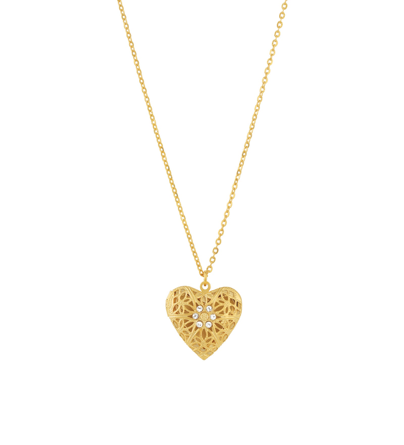 Filigree Heart Locket Necklace 14k Gold Plated, White Crystal