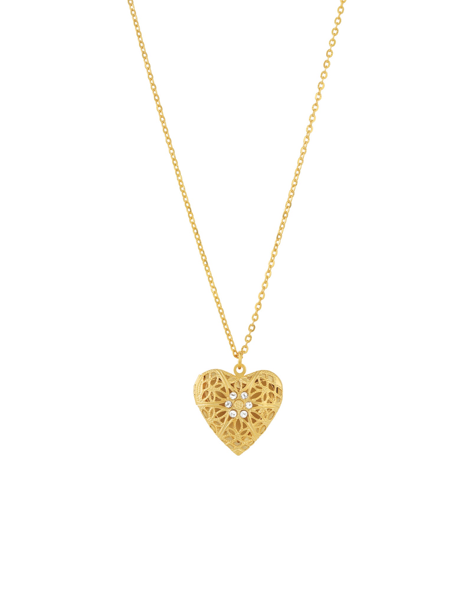 Filigree Heart Locket Necklace 14k Gold Plated, White Crystal