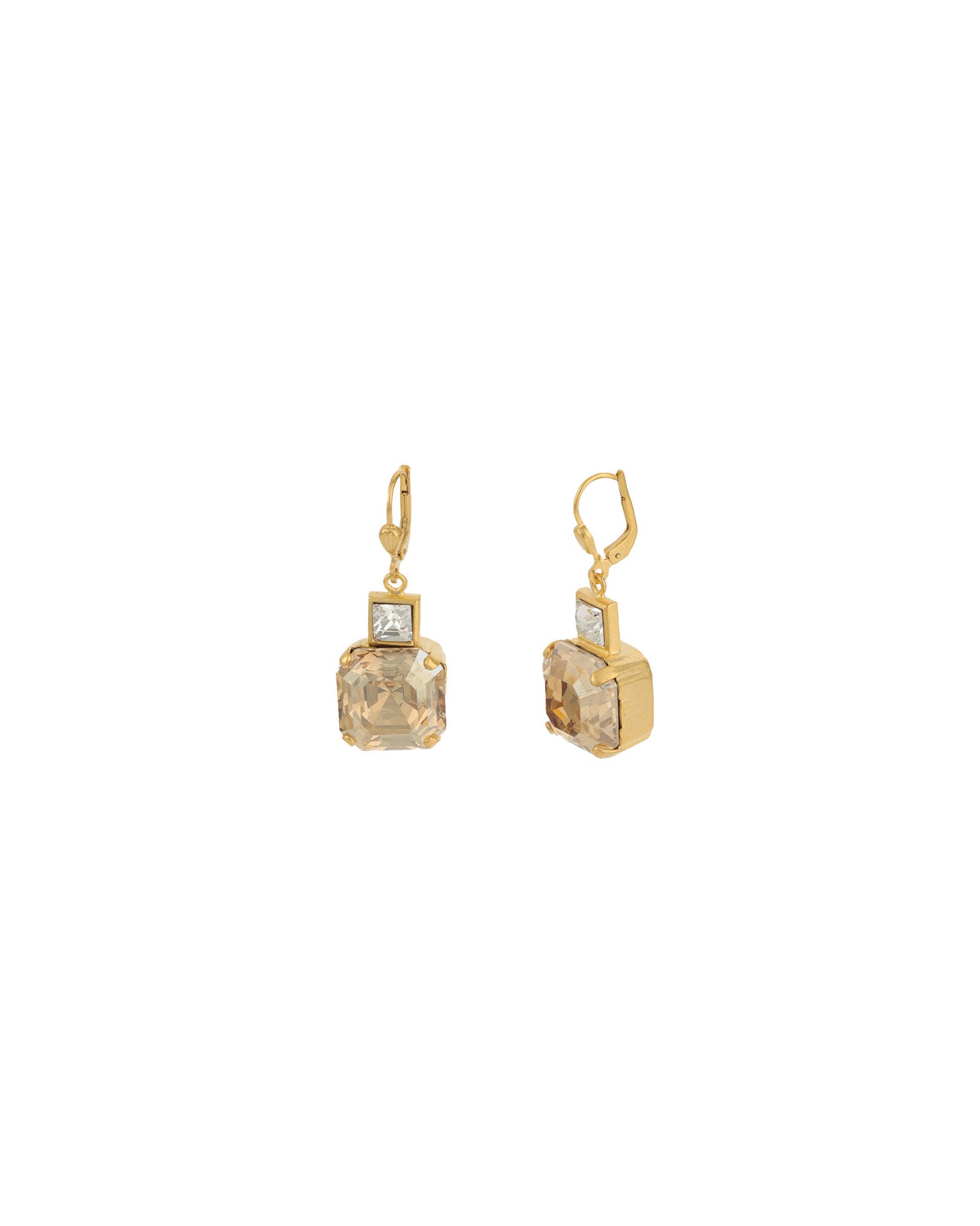 Two Square Crystal Hooks 14k Gold Plated, Champagne & White Crystal