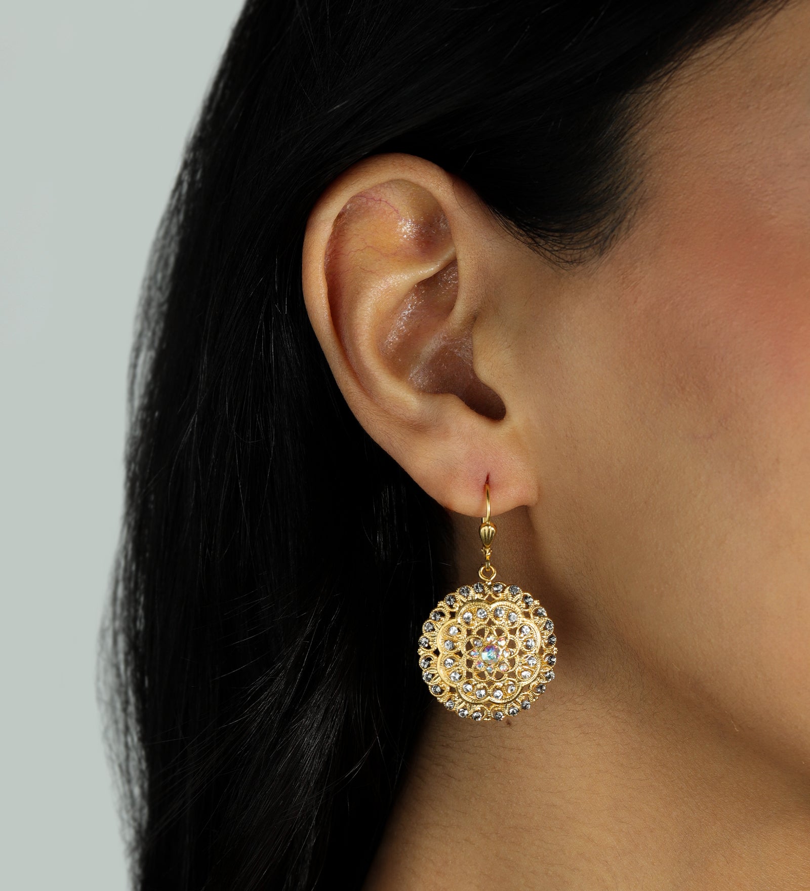 La Vie Parisienne-Round Filigree Pavé Crystal Hooks-Earrings-14k Gold Plated, White & Black Diamond Crystal-Blue Ruby Jewellery-Vancouver Canada