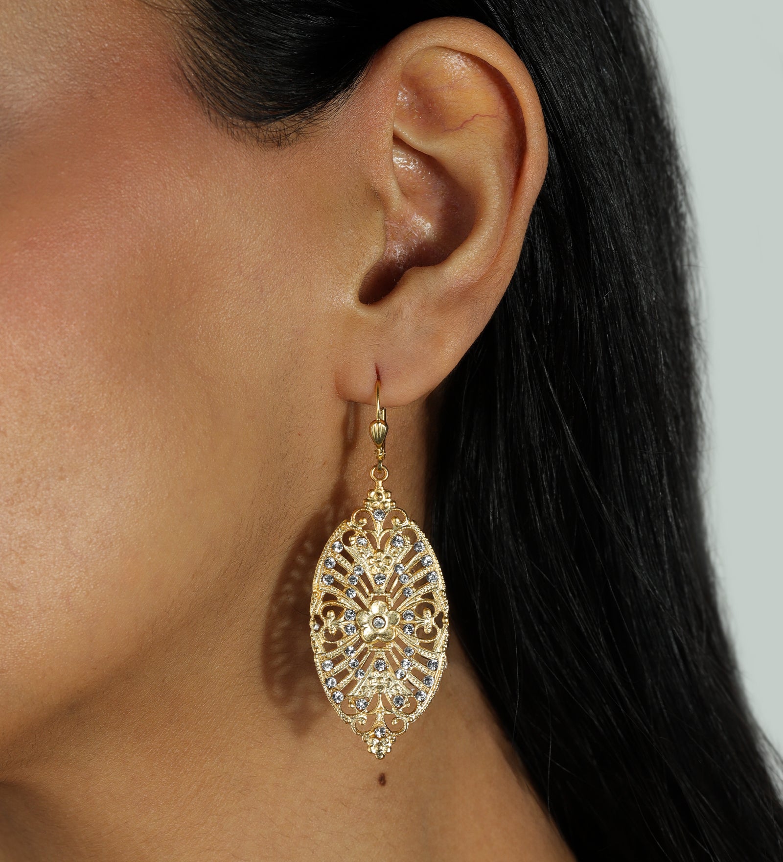 La Vie Parisienne-Marquise Filigree Crystal Hooks-Earrings-14k Gold Plated, White Crystal-Blue Ruby Jewellery-Vancouver Canada