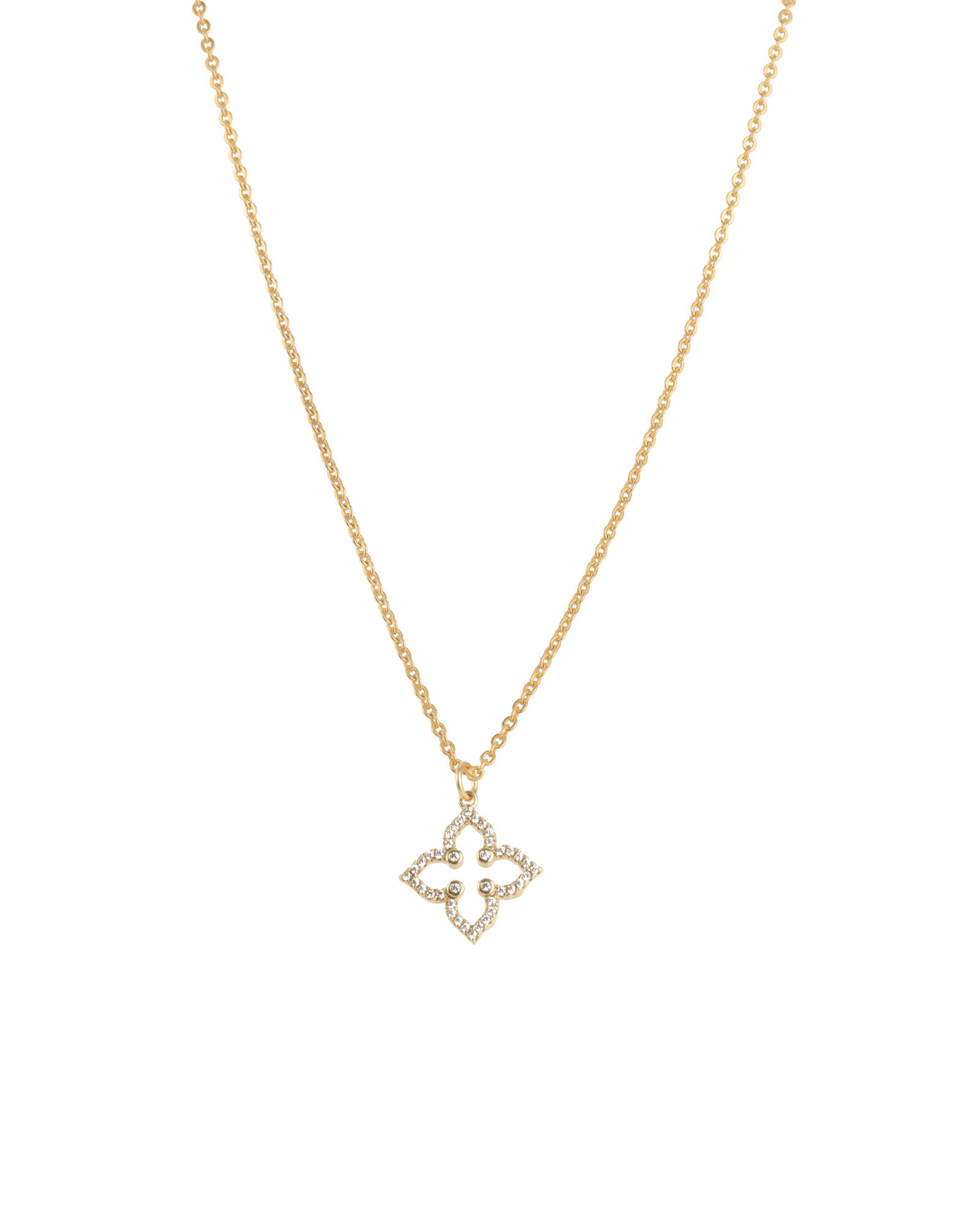 Pointed Clover Cut Out Necklace 14k Gold Plated, White Crystal