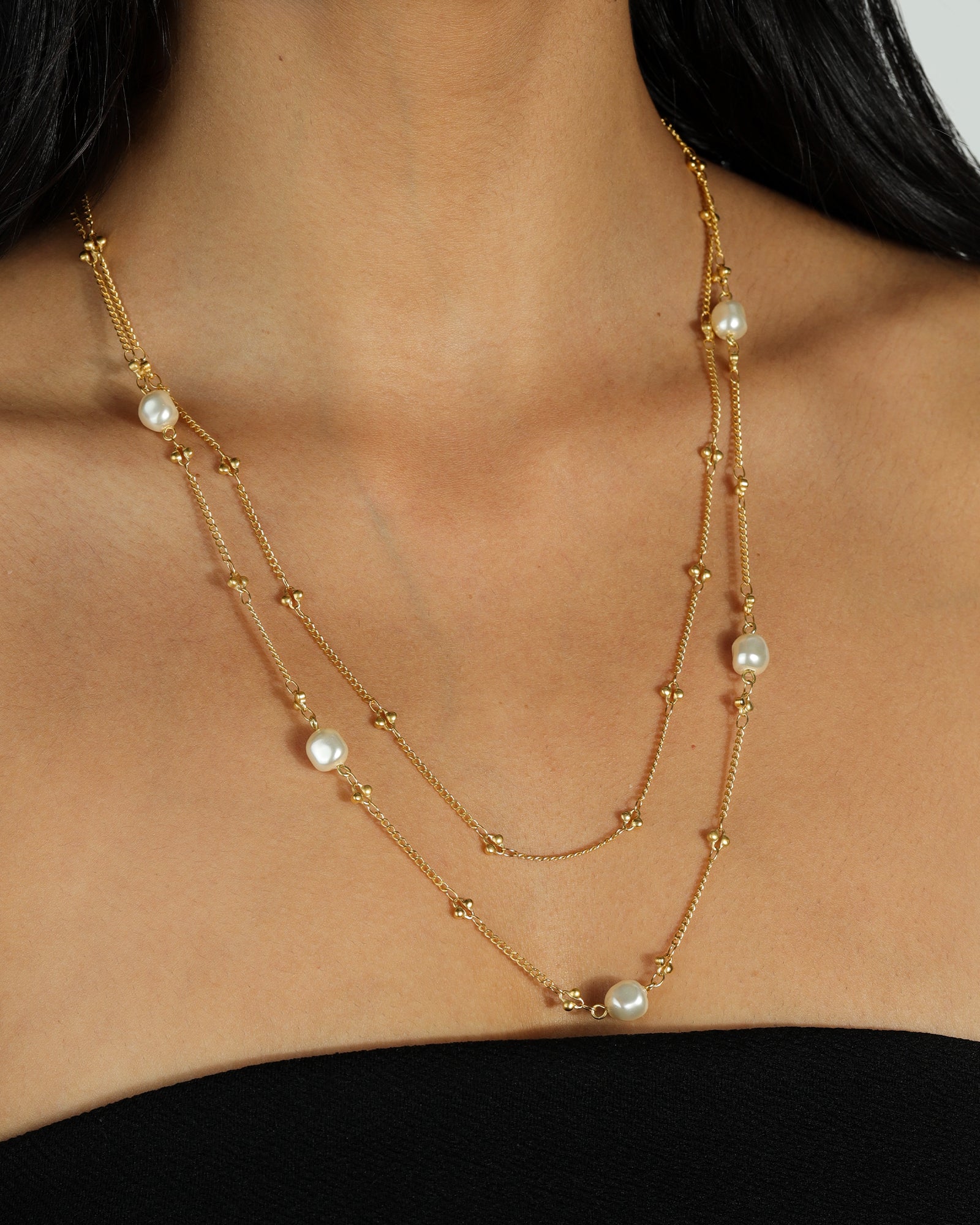 La Vie Parisienne-Two Row Pearl Necklace-Necklaces-14k Gold Plated, White Pearl-Blue Ruby Jewellery-Vancouver Canada