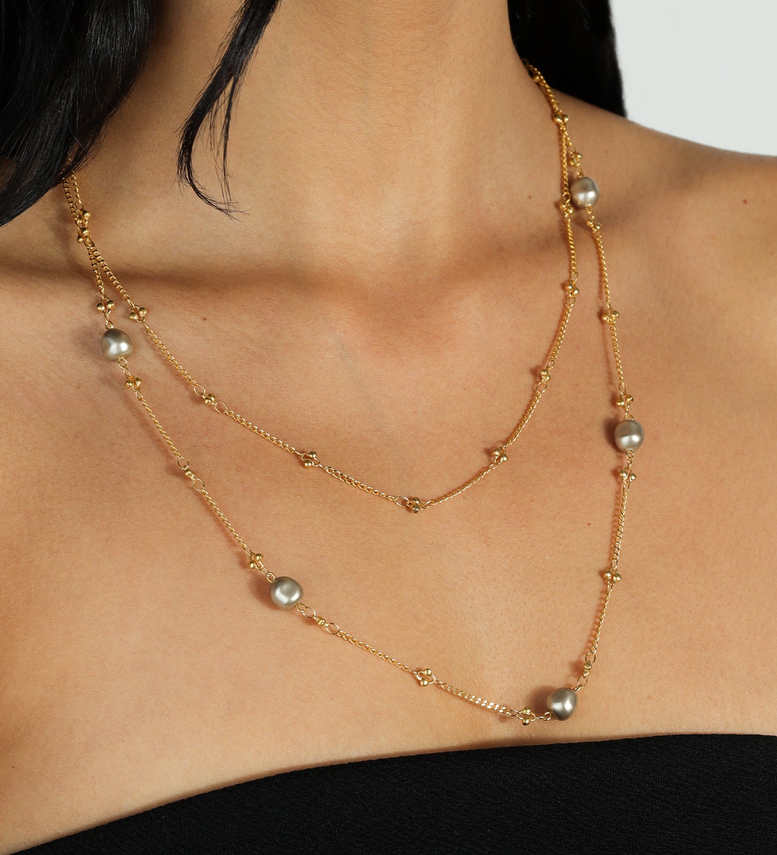 La Vie Parisienne-Two Row Pearl Necklace-Necklaces-14k Gold Plated, Grey Pearl-Blue Ruby Jewellery-Vancouver Canada