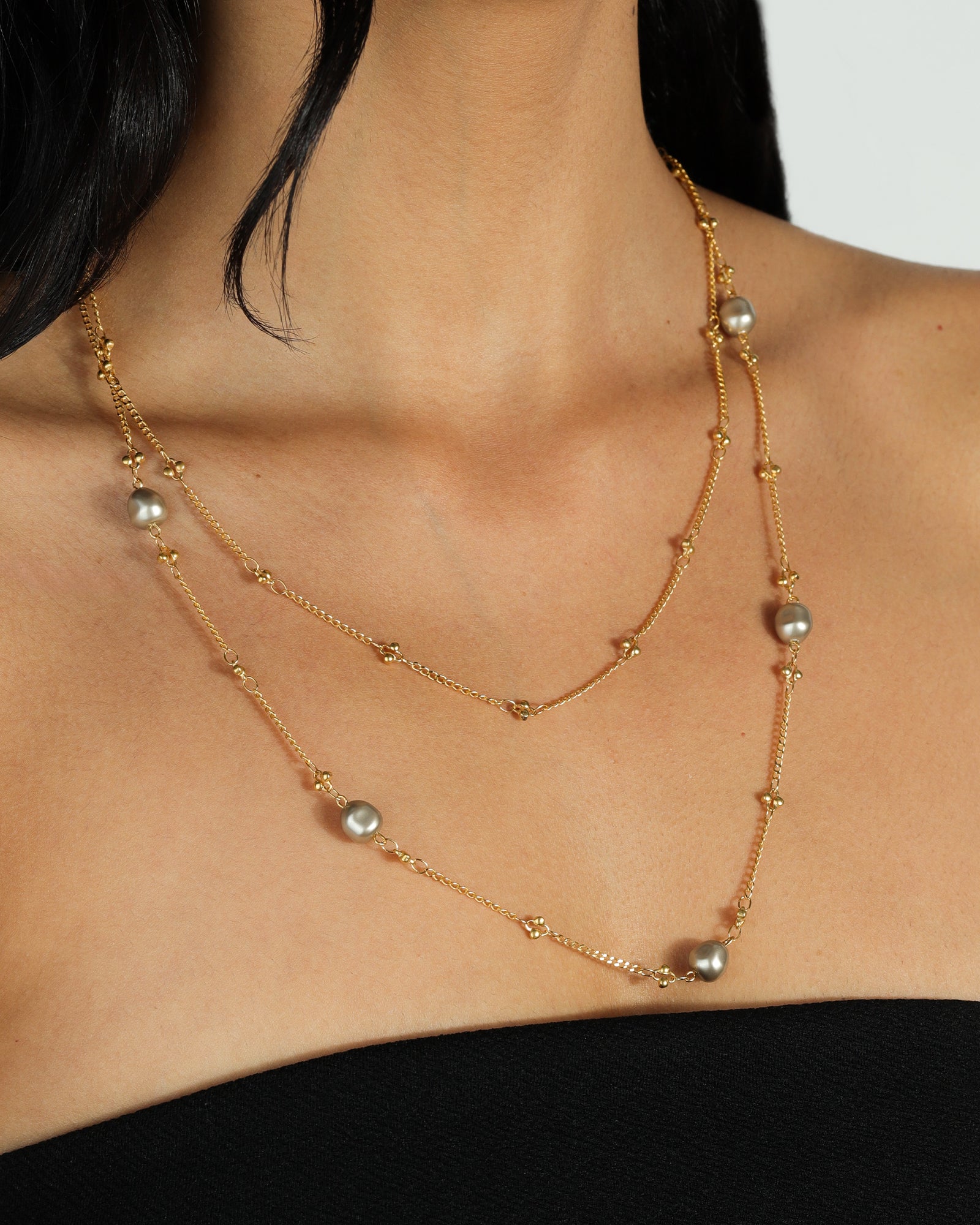 La Vie Parisienne-Two Row Pearl Necklace-Necklaces-14k Gold Plated, Grey Pearl-Blue Ruby Jewellery-Vancouver Canada