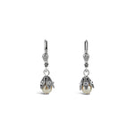 La Vie Parisienne-Leaf Cap Drop Hooks-Earrings-Silver Plated, White Pearl, Black Diamond Crystal-Blue Ruby Jewellery-Vancouver Canada