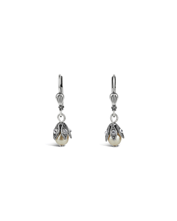 La Vie Parisienne-Leaf Cap Drop Hooks-Earrings-Silver Plated, White Pearl, Black Diamond Crystal-Blue Ruby Jewellery-Vancouver Canada