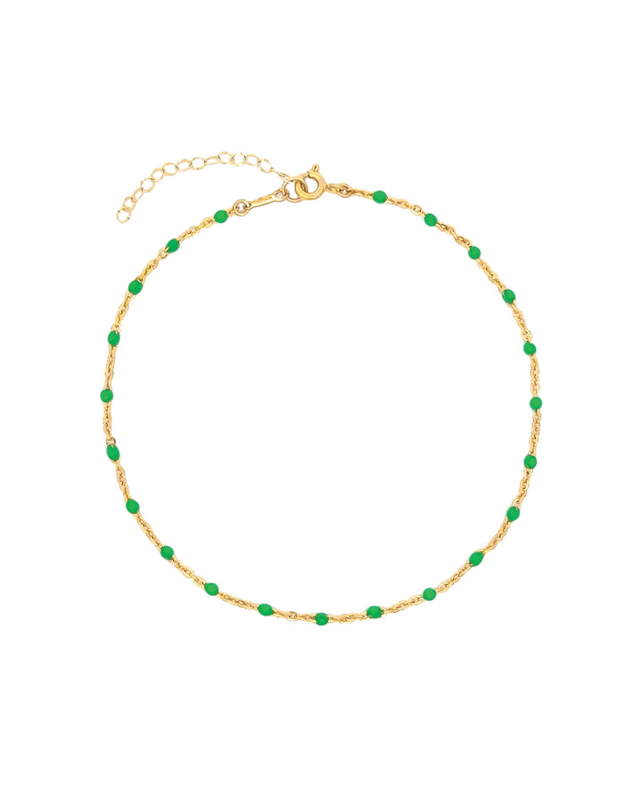 1948-Enamel Beaded Chain Anklet-Anklets-14k Gold Filled, Emerald Enamel-Blue Ruby Jewellery-Vancouver Canada