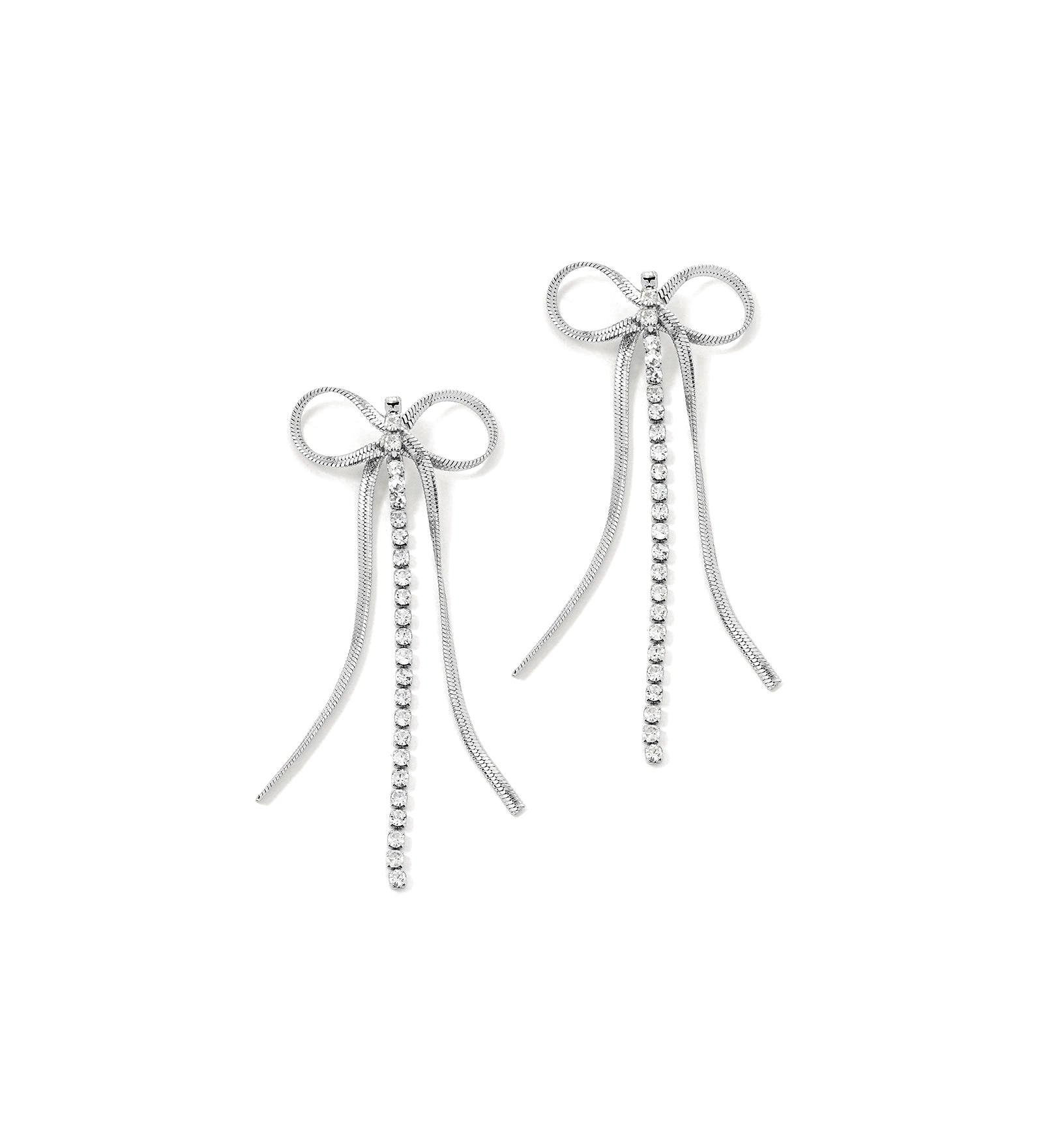 Selene Bow Earrings Silver Tone Plated, White Crystal