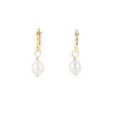 Poppy Rose-Baroque Pearl Drop Huggies-Earrings-14k Gold Filled, White Pearl-Blue Ruby Jewellery-Vancouver Canada